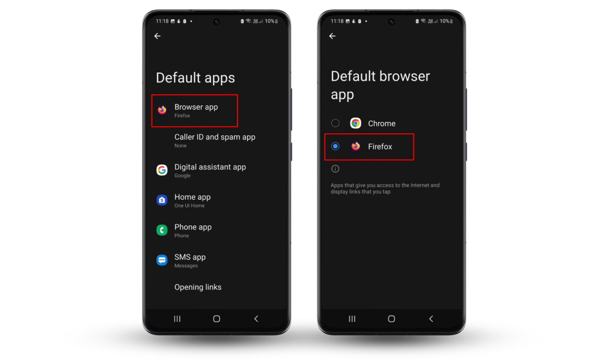 An Android screenshot showing how to access the default browser settings. An Android screenshot showing how to access the default browser settings.