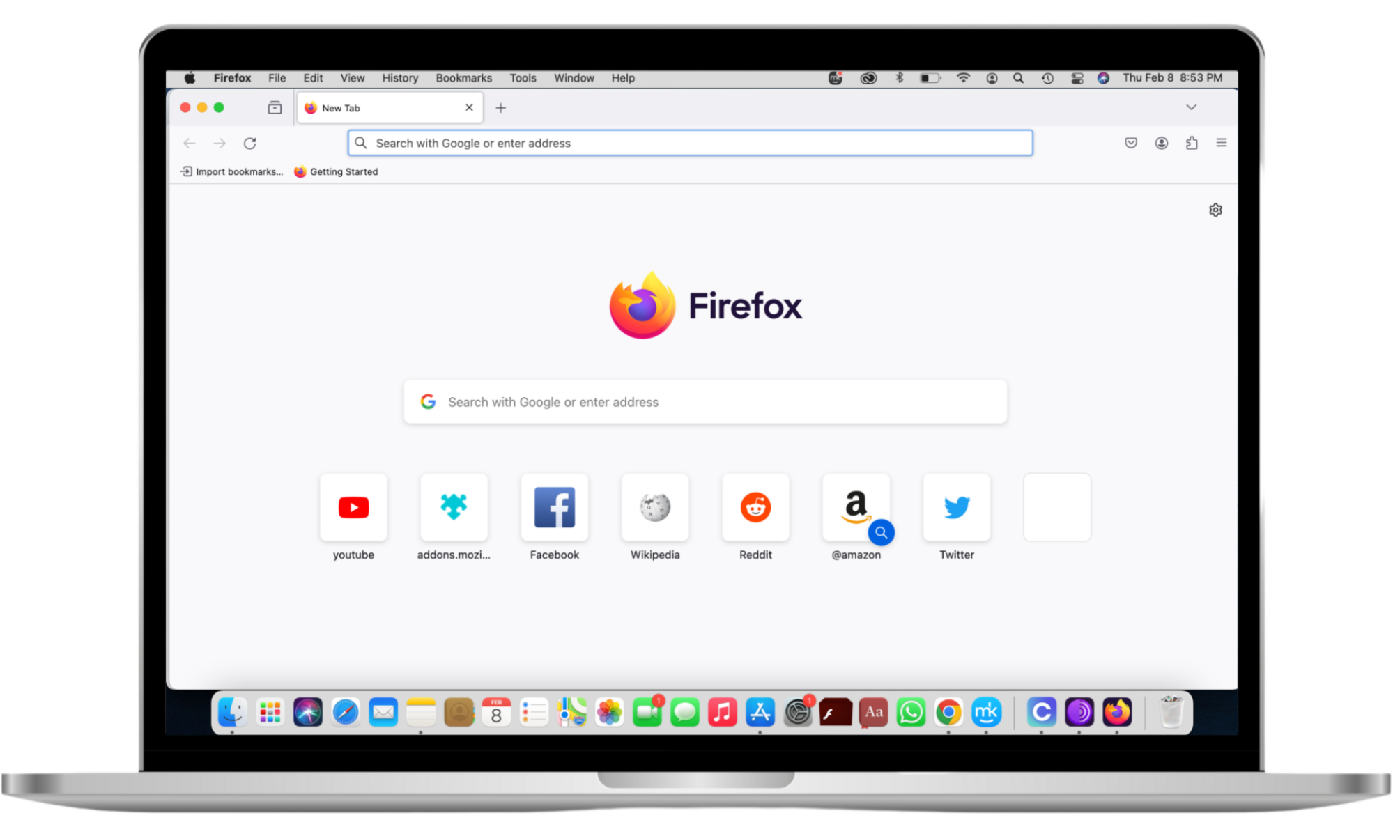 The Firefox browser is opened on a Mac screen. The home page shows quick access options, like YouTube, Facebook, Amazon, and Twitter. The Firefox browser is opened on a Mac screen. The home page shows quick access options, like YouTube, Facebook, Amazon, and Twitter.