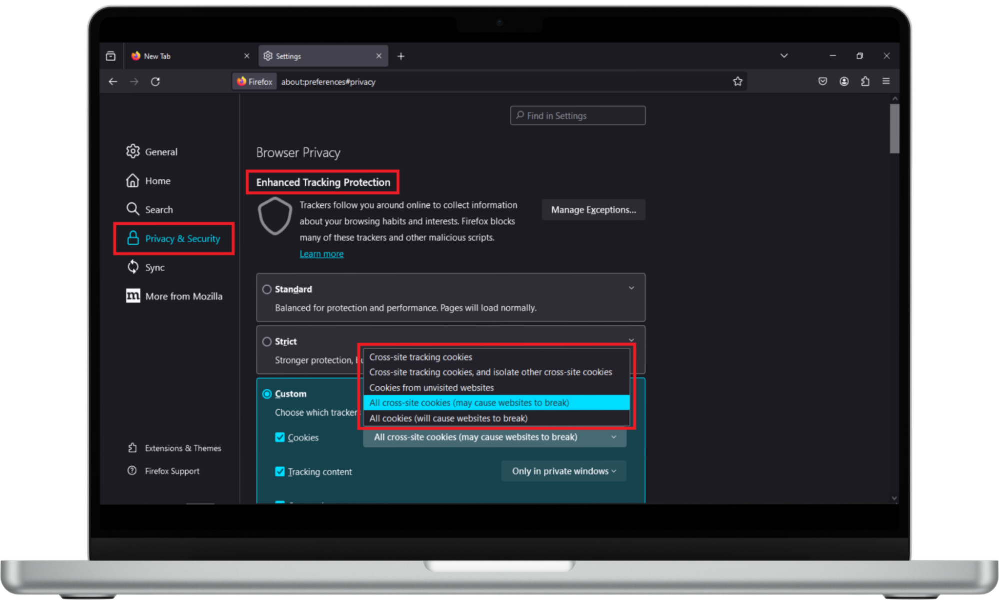 Windows device screen showing the steps to cancel cookies in Firefox on Windows 11. Windows device screen showing the steps to cancel cookies in Firefox on Windows 11.
