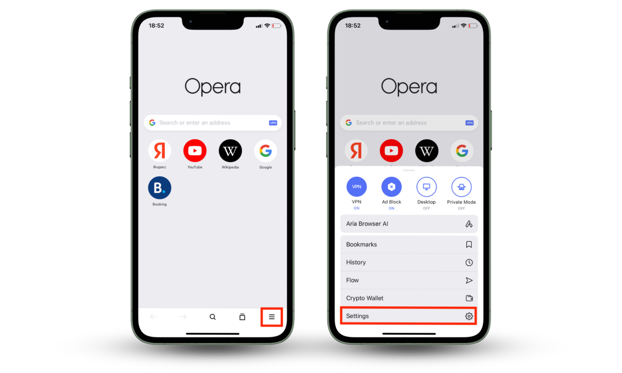 Selecting Settings option in Opera on an iPhone Selecting Settings option in Opera on an iPhone