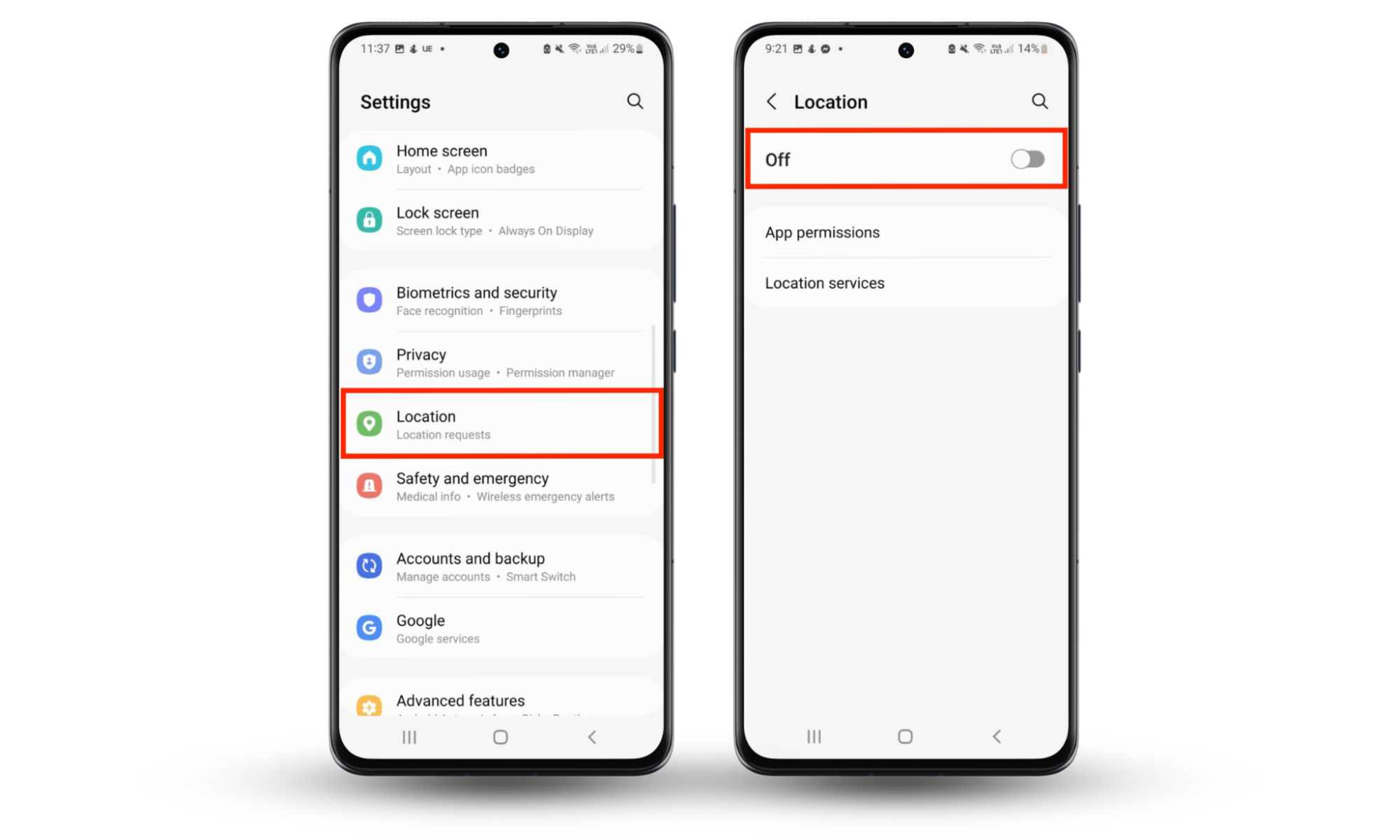 Android Settings screen showing instructions on disabling location services through the Location setting to stop people who aren’t the police from tracking your phone. Android Settings screen showing instructions on disabling location services through the Location setting to stop people who aren’t the police from tracking your phone.