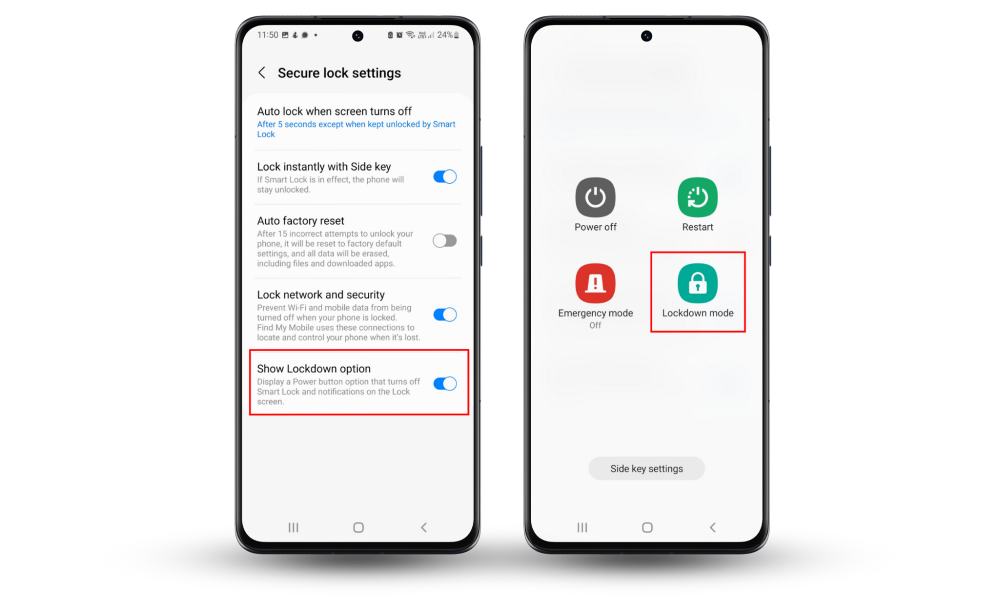 Screenshot of an Android showing how to toggle on the Show Lockdown option setting. Android screen after pressing and holding the power and volume down buttons. The image shows the newly displayed Screenshot of an Android showing how to toggle on the Show Lockdown option setting. Android screen after pressing and holding the power and volume down buttons. The image shows the newly displayed
