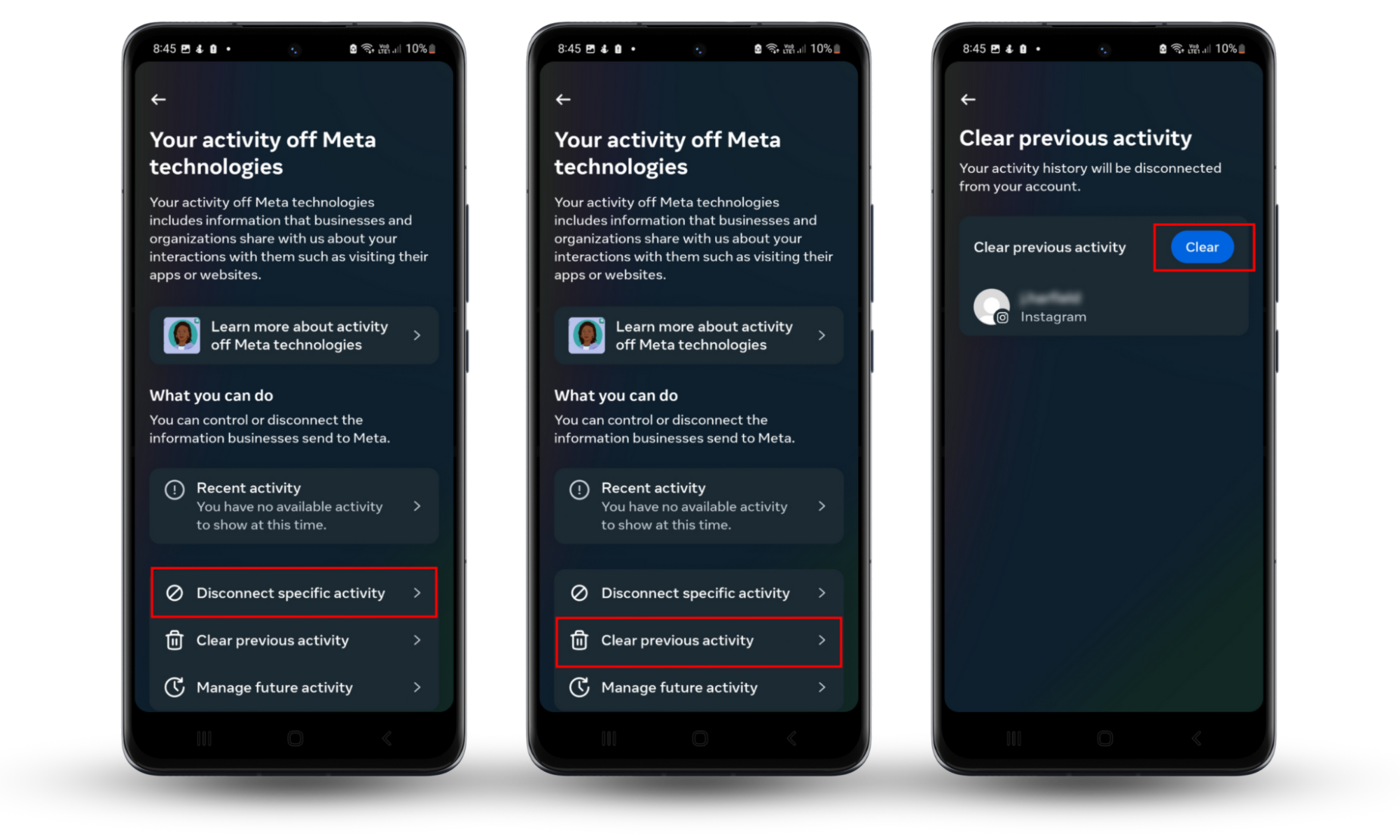 A screenshot of an Android screen showing how to disconnect and clear previous activities in Instagram's settings menu. A screenshot of an Android screen showing how to disconnect and clear previous activities in Instagram's settings menu.