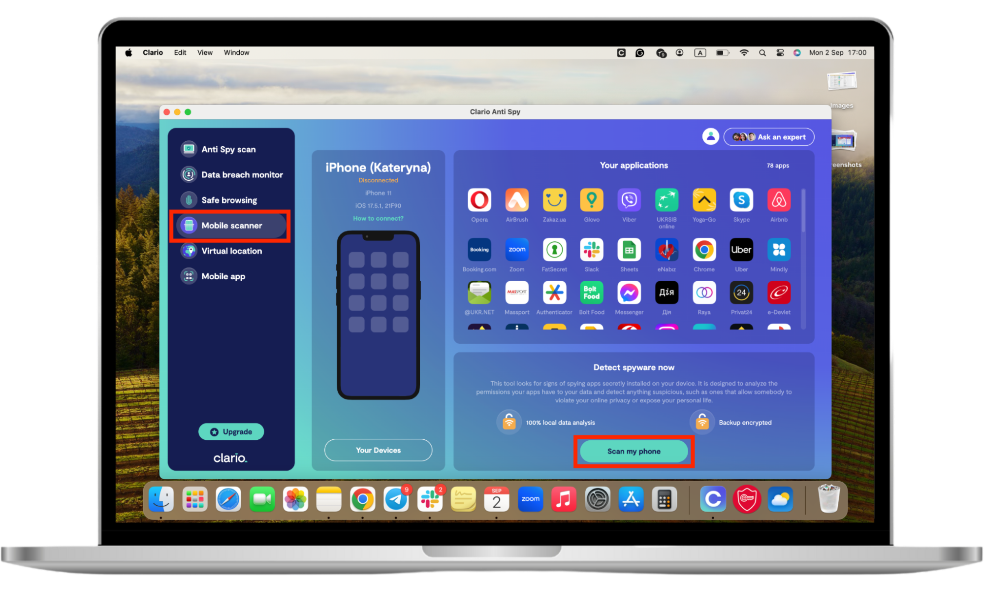 A screenshot of Clario Anti Spy on a Mac, showing how Clario Anti Spy can remove spyware and help you regain control if your husband's ex-wife is stalking you. A screenshot of Clario Anti Spy on a Mac, showing how Clario Anti Spy can remove spyware and help you regain control if your husband's ex-wife is stalking you.