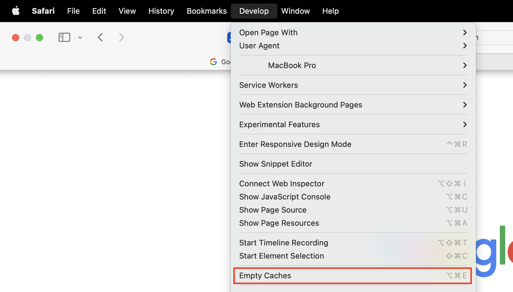 Develop > Empty Caches Develop > Empty Caches