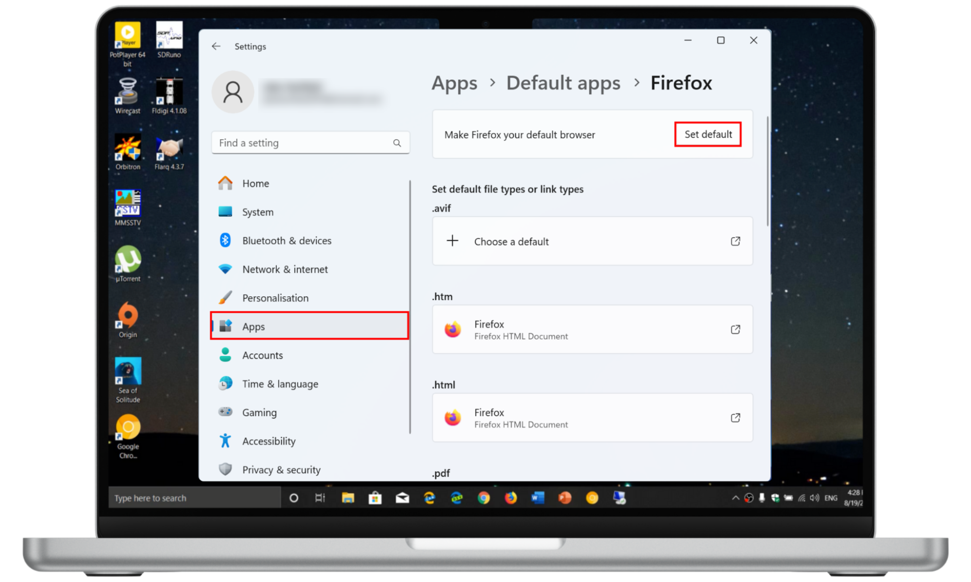 A screenshot from a Windows 11 PC showing how to access the Settings menu to change your default browser. A screenshot from a Windows 11 PC showing how to access the Settings menu to change your default browser.