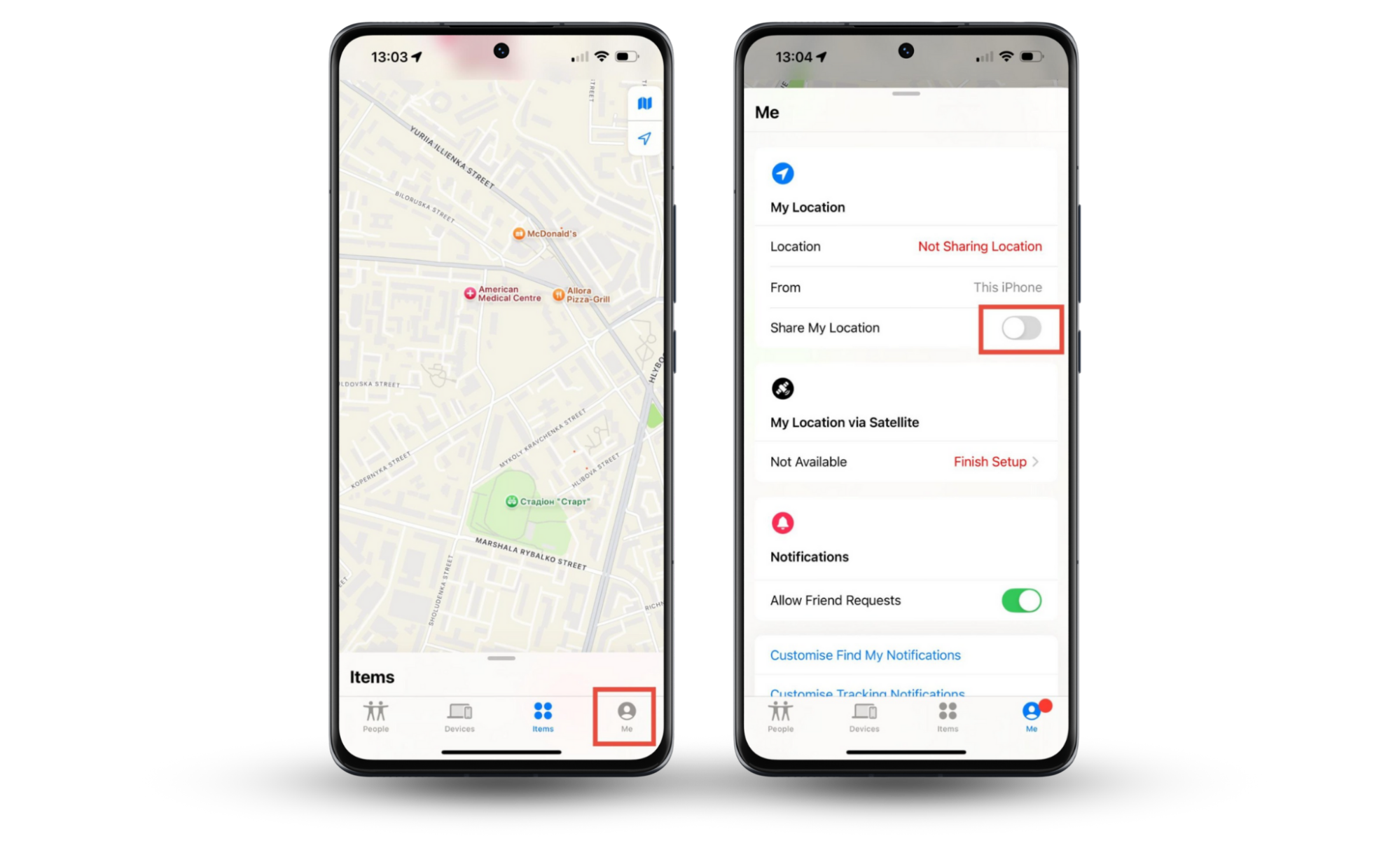 Use Clario Anti Spy if you want to stop sharing location without them knowing. Find My app open on iPhone with Me feature selected and Share My Location toggle switched off. Use Clario Anti Spy if you want to stop sharing location without them knowing. Find My app open on iPhone with Me feature selected and Share My Location toggle switched off.