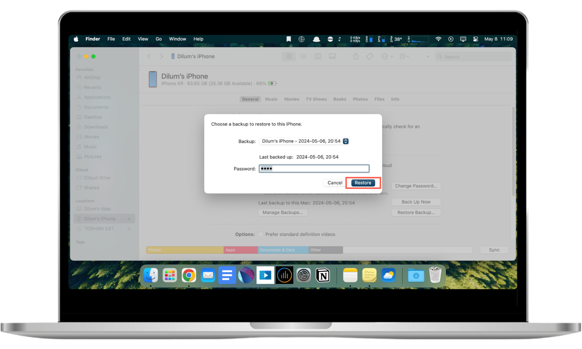 Screenshot that demonstrate how to select and restore a specific backup via Finder on a Mac to view hidden apps on your iPhone. Screenshot that demonstrate how to select and restore a specific backup via Finder on a Mac to view hidden apps on your iPhone.